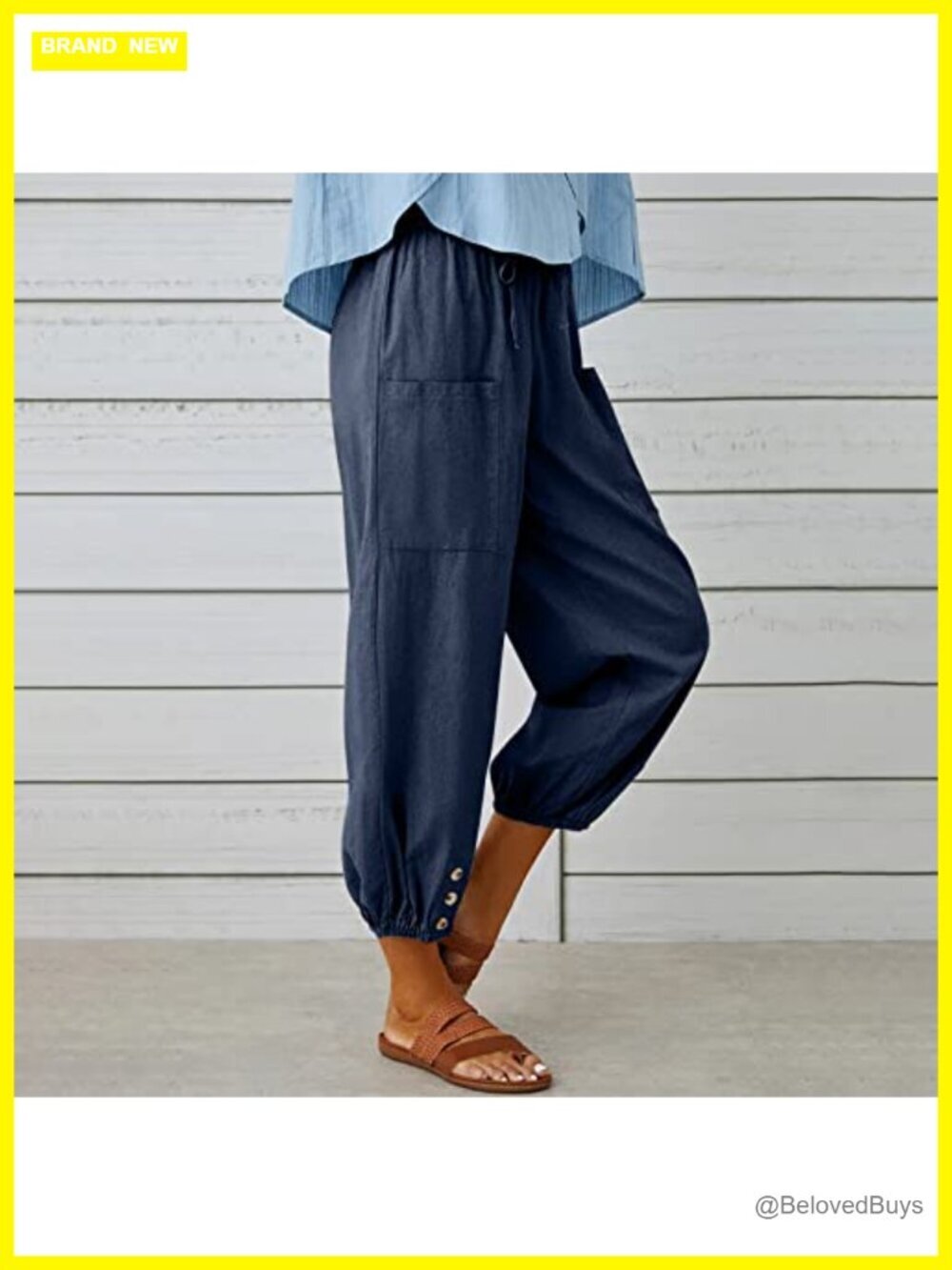 High Waisted Wide Leg Linen Capri Pants with Pockets Casual Summer - Picture 3 of 5